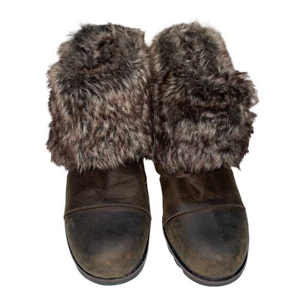 Sorel Joan of Arctic Brown Leather Faux Fur Wedge Ankle Boots    Size: US 7.5 - Picture 2 of 9